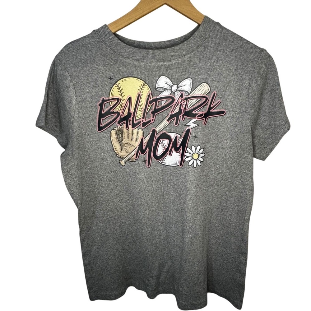 A New Day Ballpark Baseball Mom Graphic T Shirt Gray Women's XL Upcycled 0178